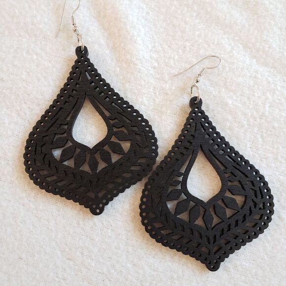 Boho Wood Cutout Chandelier Earrings - Picture 2 of 3